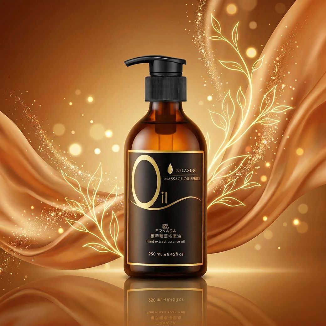 FRNASA 芙娜莎全新升級植萃精華按摩油，琥珀色質感瓶身搭配奢華金色絲綢光影，專為居家 SPA 與全身肌膚保養設計的頂級精華油。
