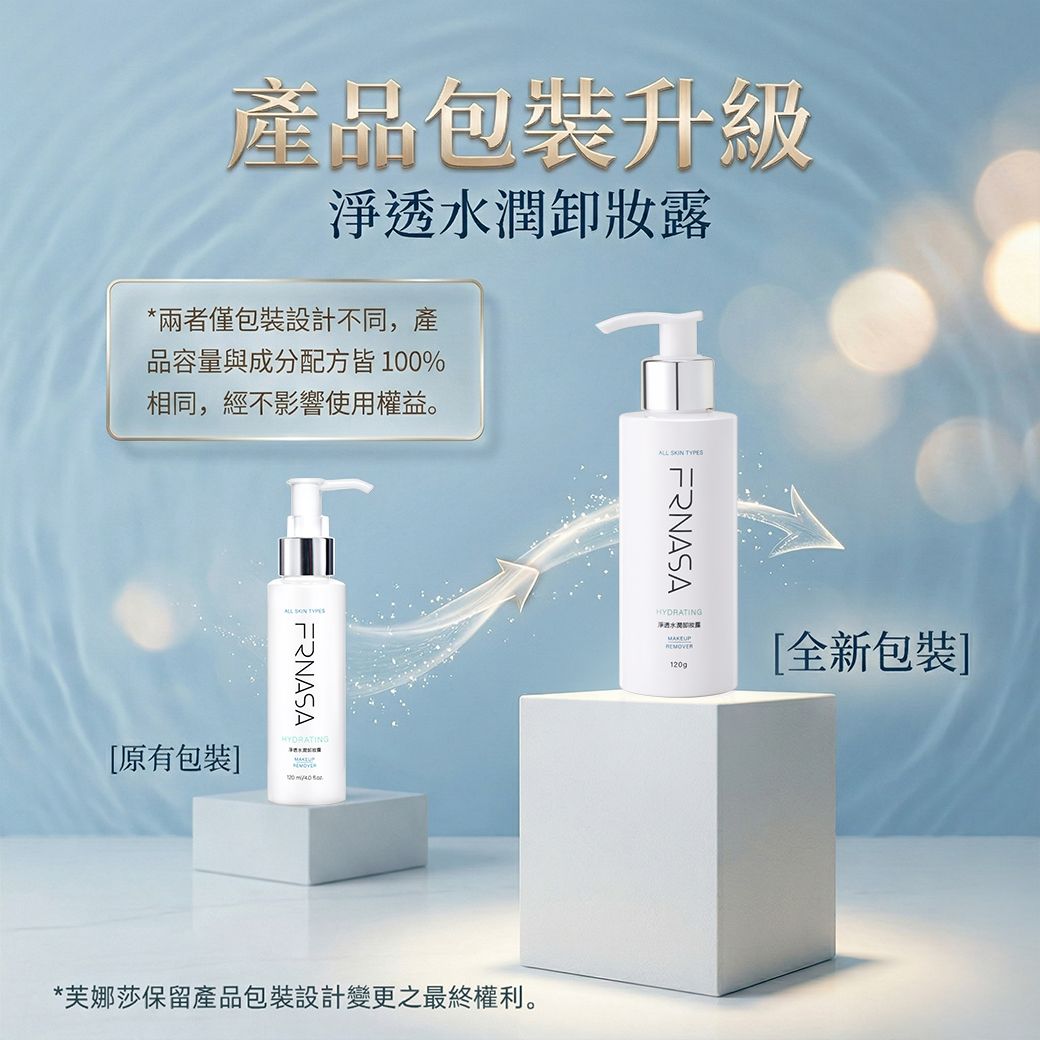 芙娜莎淨透水潤卸妝露包裝升級公告圖。左側為原有包裝，右側為全新包裝。圖文說明兩者僅包裝設計不同，產品容量與成分配方皆100%相同，絕不影響使用權益。